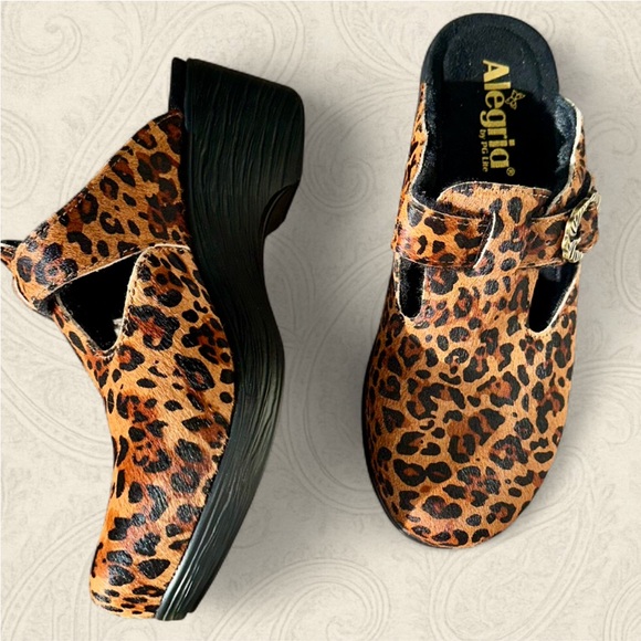 Alegria Leopard Print Mules horsehair leopard with buckles fluffy footbed - Picture 1 of 4